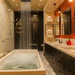 Luxurious modern bathroom with rainfall shower and soaking tub