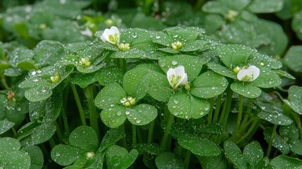 Dew covered clover with white flowers in a garden. For botanical, wellness, and garden websites