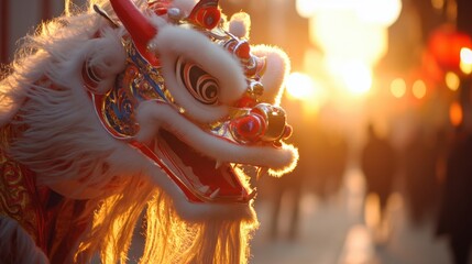 Traditional Chinese Dragon Dance at Sunset in Urban Setting