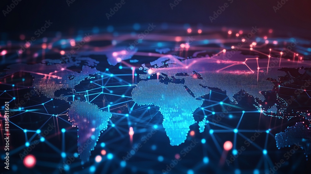 Poster global network digital world map abstract technology background futuristic connections blue pink ill