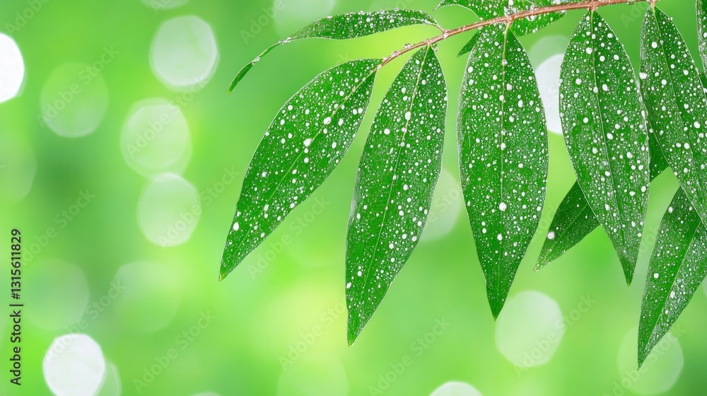 Poster dewy leaves on a branch against a bokeh background; possible use for nature or spring themed materia
