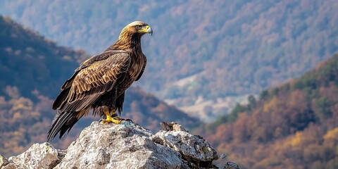 Fototapeta premium Majestic Golden Eagle Perched on Rocky Outcrop in Serene Landscape