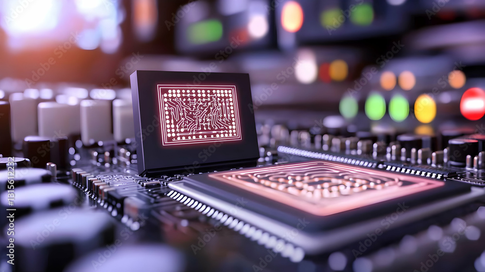 Poster electronic circuit board component with illuminated integrated processor chip