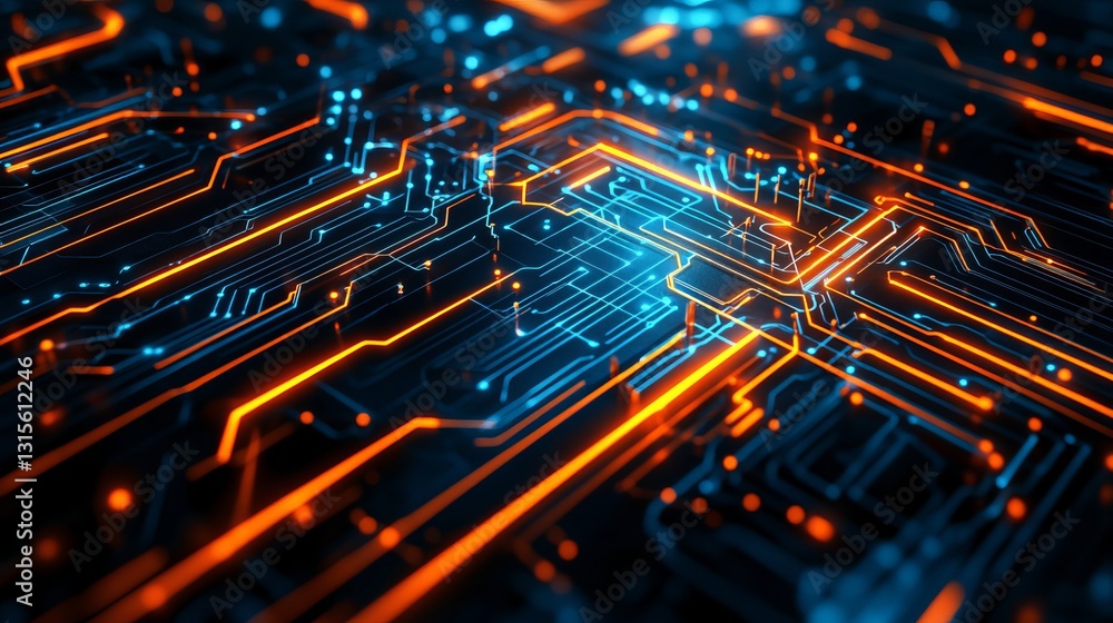 Poster abstract digital circuit board technology background orange blue lines futuristic network design hig