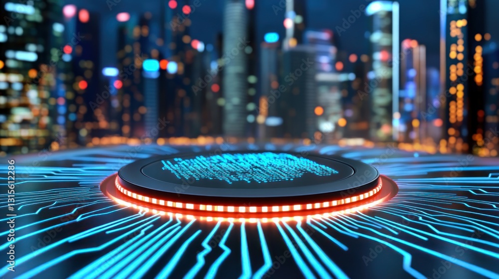 Poster digital platform with glowing lines in a blurred cityscape for technology concepts