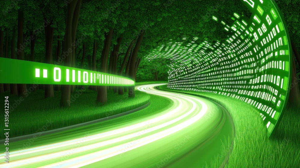 Poster digital information flows through a forest path. data moves to green technology