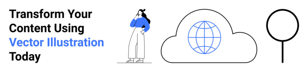 Woman standing thoughtfully, digital globe inside cloud symbolizing global connectivity, and a minimalist magnifying glass. Ideal for technology, innovation, communication, business strategy