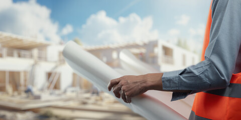 Construction Worker Examining Blueprint at Building Site with Focus