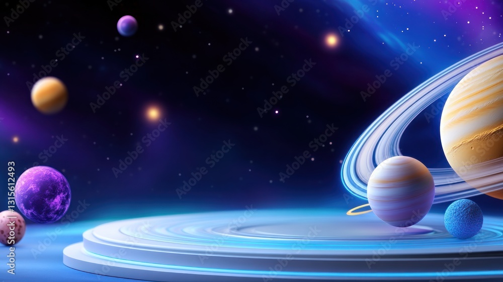 Poster display of planets in space on a platform with bright starry background for cosmic exploration or as