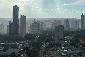 Aerial view of Campo Grande city at Afonso Pena Avenue region, with a light rain in the afternoon....