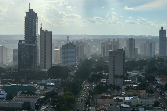 Aerial view of Campo Grande city at Afonso Pena Avenue region, with a light rain in the afternoon. Campo Grande MS Brazil.