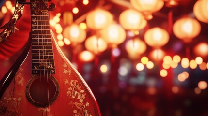Fototapeta premium Traditional Musical Instrument Against a Background of Lanterns