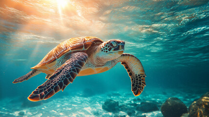 Obraz premium Marine Conservation Highlight: Hawksbill Turtle Moving Through Shallow Lagoon, Clear Water, Detailed Shell, Ideal for Documentary Use