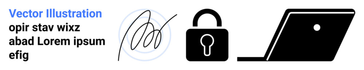 Digital signature, secure padlock symbol, and laptop representing authentication, data privacy, encryption, and online security. Ideal for cybersecurity, identity, technology and access concepts