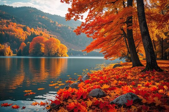 Serene Autumn Foliage at Lake Balaton in Picturesque Countryside