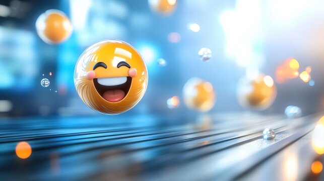 Joyful emotion icons floating in a digital city fun graphic art vibrant atmosphere close-up happiness concept