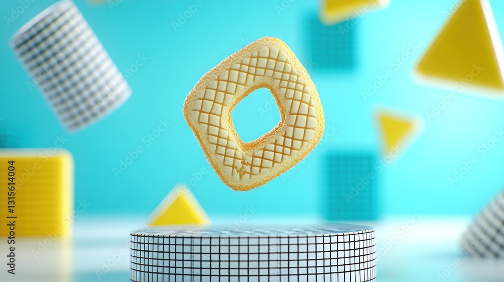 Poster donut on platform with 3d geometric shapes floating around on a blue background for commercial use