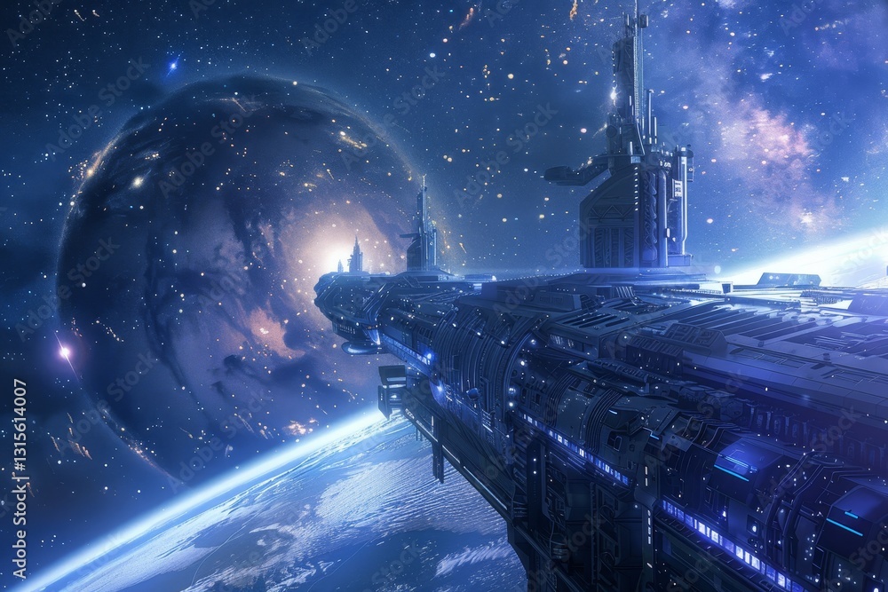 Aufkleber a futuristic space station orbits a distant planet with twin topaz, a space station orbiting a dista