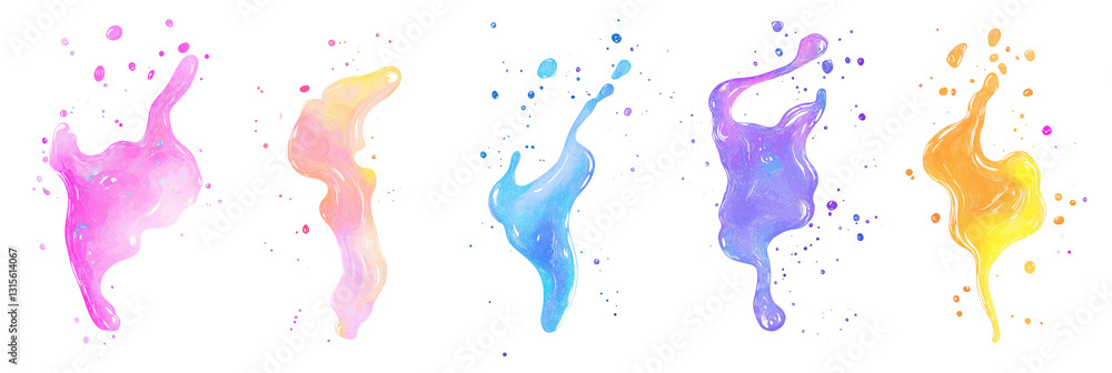 Poster colorful splash of paints, blobs, and splatter effects with multicolored liquid shapes. transparent 