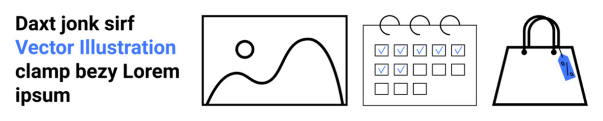 Picture frame, calendar with marked dates, shopping bag with price tag. Ideal for scheduling, planning, organization, retail, shopping, marketing productivity flat landing page banner