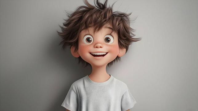 A smiling cartoon boy with messy brown hair against a gray backdrop - Powered by Adobe