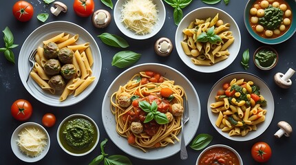 Delicious assortment of Italian pasta dishes served with meatballs, cheese, pesto, and fresh basil on a dark background, showcasing gourmet cuisine, comfort food, and Mediterranean flavor.

