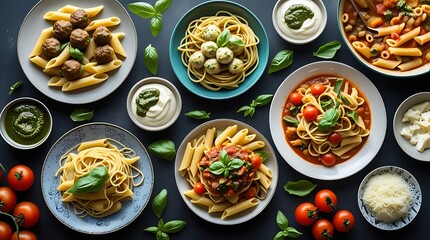 Delicious assortment of Italian pasta dishes served with meatballs, cheese, pesto, and fresh basil on a dark background, showcasing gourmet cuisine, comfort food, and Mediterranean flavor.

