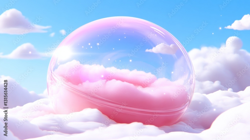 Poster dreamscape with fluffy clouds inside a pink globe with sky background. for imagination concepts