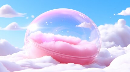 Dreamscape with fluffy clouds inside a pink globe with sky background. For imagination concepts