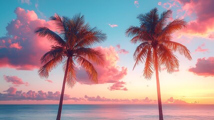 Obraz premium Tropical beach sunset, palm trees silhouetted against vibrant sky, vacation postcard