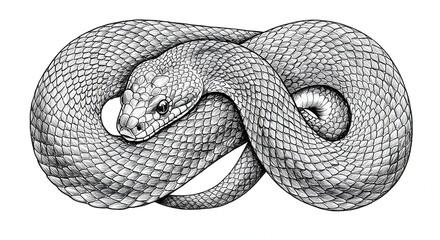 Obraz premium Coiled Snake Illustration with Detailed Scales in Black and White