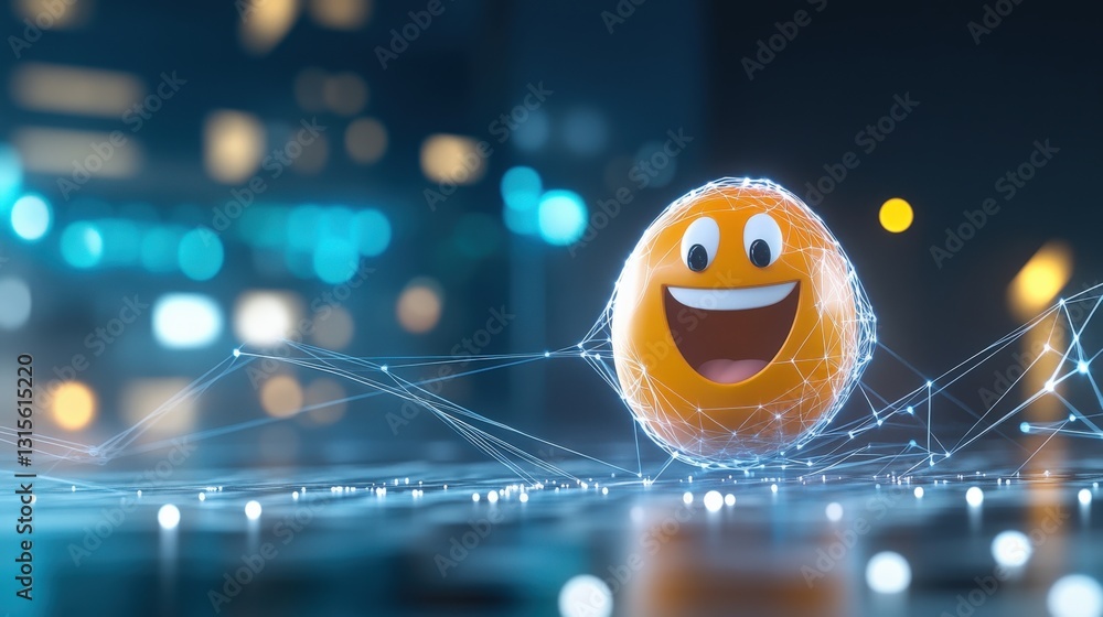 Poster cheerful animated emoji character digital cityscape 3d rendering futuristic environment close-up joy