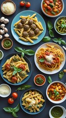Delicious assortment of Italian pasta dishes served with meatballs, cheese, pesto, and fresh basil on a dark background, showcasing gourmet cuisine, comfort food, and Mediterranean flavor.

