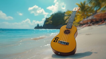 Tropical beach ukulele, ocean waves, palm trees, vacation