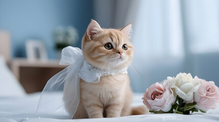 A cute tabby cat is wearing a delicate white bow
