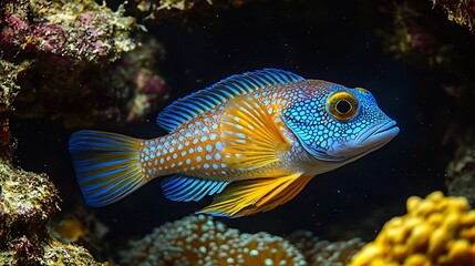 Vibrant Splendid Toadfish lurking in the coral caves of the Caribbean its electric blue and yellow stripes flashing under the waves