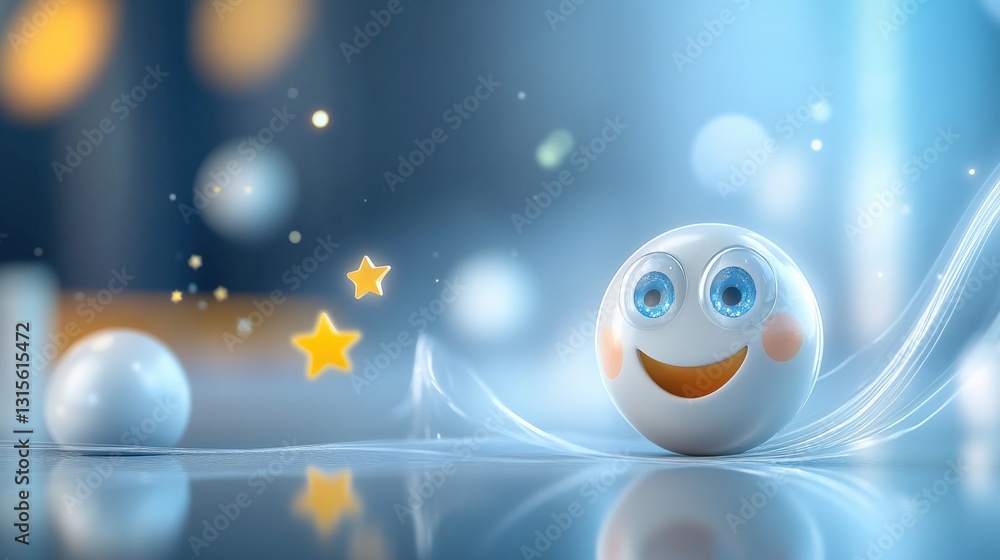 Poster joyful animation of a smiling character with stars digital studio 3d graphics bright environment pla