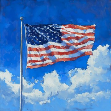 American Flag: A vibrant painting of the US flag waving in a blue sky