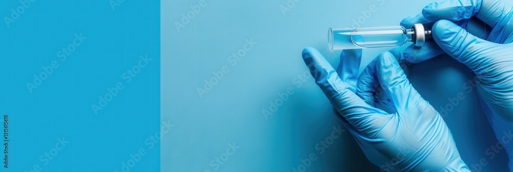 Poster hands with blue medical gloves hold a clear liquid vial against a blue background with space for tex