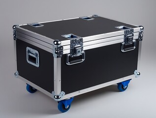 Heavy-duty black flight case with reinforced metal corners, latches, and blue caster wheels, designed for secure transport and storage of professional equipment, ideal for logistics and event industri