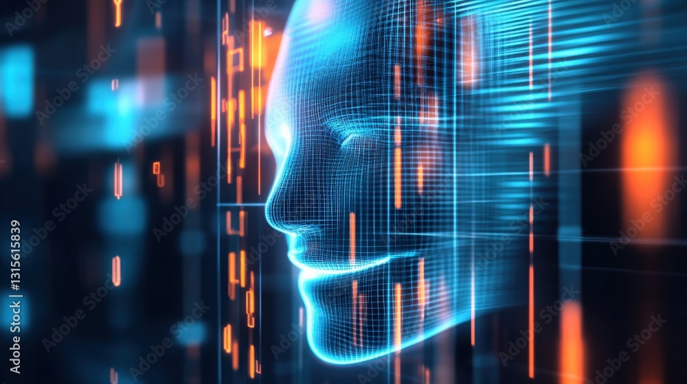 Poster exploring digital human representation ai technology virtual environment graphic animation futuristi