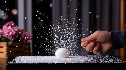 A persons hand sprinkles a white powder over egg