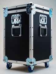 Heavy-duty black flight case with reinforced metal corners, latches, and blue caster wheels, designed for secure transport and storage of professional equipment, ideal for logistics and event industri