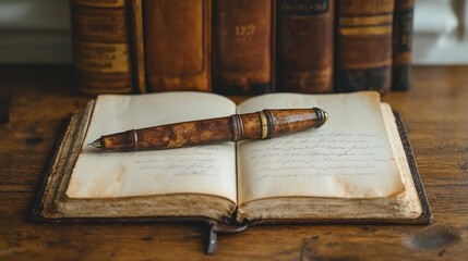 Obraz premium Aged journal, pen, antique books