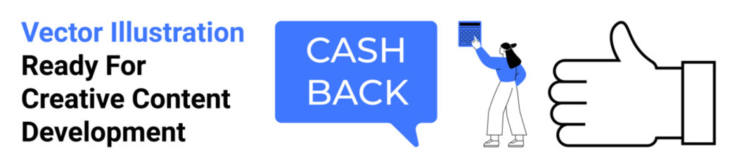 Obraz premium Speech bubble labeled Cash Back, thumbs-up symbol, and a woman placing a wallet. Ideal for promotion, customer loyalty, financial rewards, savings strategy, e-commerce, bonus programs flat landing
