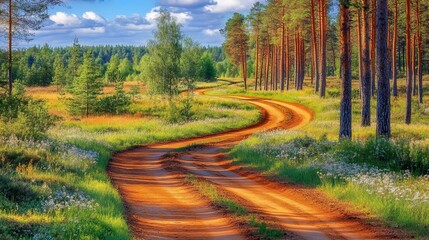 Obraz premium Winding dirt road through sunny forest, wildflowers