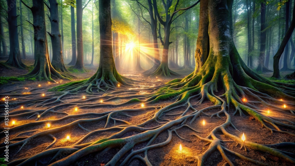 Poster a mystical forest filled with many trees and glowing candles creating a magical atmosphere