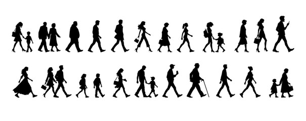 vector illustration. silhouettes of people walking along the street. Large set of characters of different ages