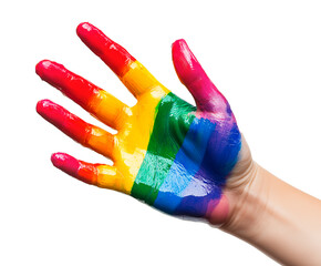 Concepto de orgullo gay. La mano está pintada con un arcoíris. Bandera arcoíris LGBT del orgullo gay sobre fondo transparente aislado