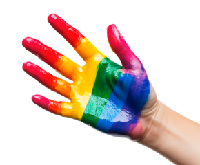 Concepto de orgullo gay. La mano está pintada con un arcoíris. Bandera arcoíris LGBT del orgullo gay sobre fondo transparente aislado